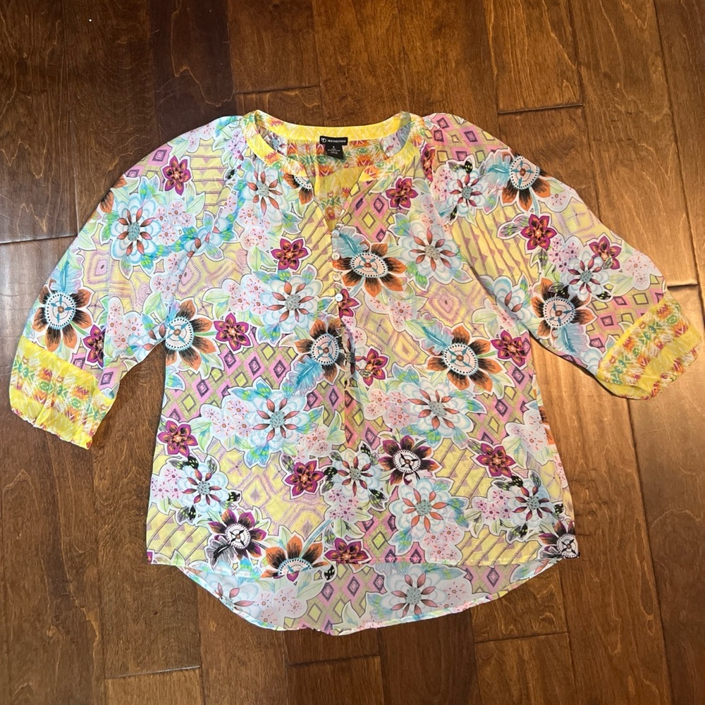 New Directions Multicolor Patterned Sheer Blouse